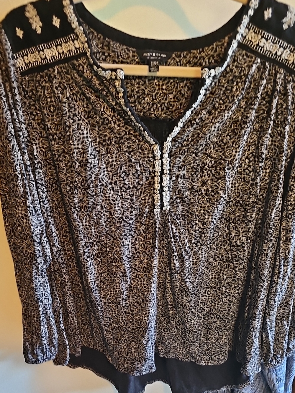 Lucky Brand Black and Cream Printed Peasant Tunic with Embroidered Yoke